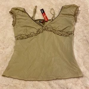 Beige cotton top with cap sleeves and brown lacy trim